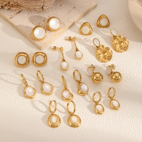 Stainless Steel Earrings 18K Gold Plated Geometric Water Drop Ball Cat Eye Stone Retro Dangle Earrings For Women