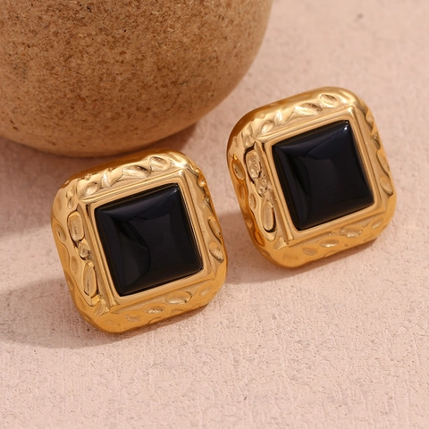 Vintage Square Stud Earrings Hammered Texture Stainless Steel 18K Gold Plated Black Acrylic Geometric Jewelry For Women
