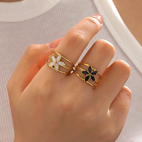 Bague Ouverte Fleur Vintage Acier Inoxydable Plqué Or 18K Triple Couche Ajustable Émail Bijoux Pour Femmes