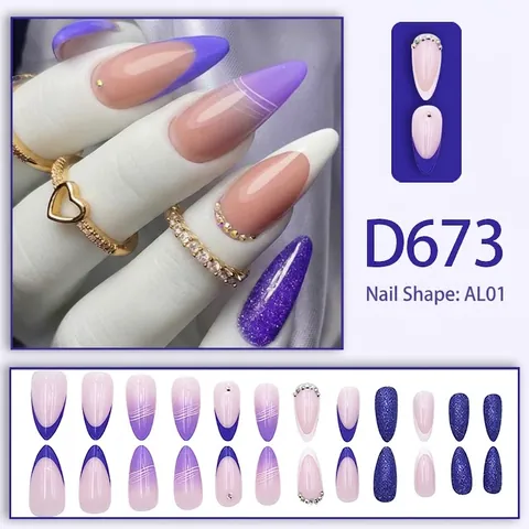 Press On Nagels Lang Amandel Paars Verloop French Tips Strass Glitter Kunstnagels Luxe Stijl Voor Dames