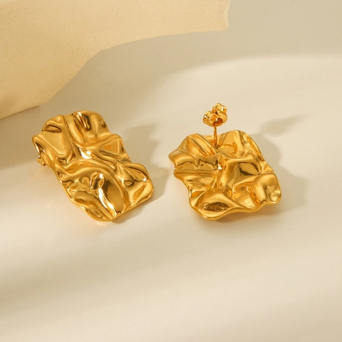 Irregular Wrinkled Square Stud Earrings 18K Gold Plated Stainless Steel Minimalist Geometric Fashion For Women