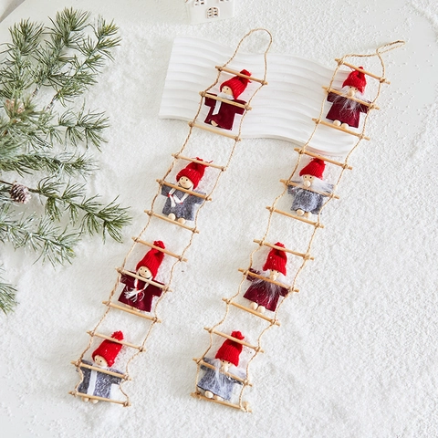 Ornements De Noël Père Noël Bonhomme De Neige Échelle De Corde En Bois Tissu Tricoté Lutins Décoration Festive