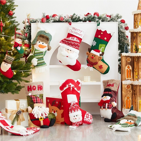 Weihnachtsstrümpfe Plüsch Strickstoff Aufhängbare Geschenktüten Für Kamin Weihnachtsfeier Dekoration Weihnachtsmann Schneemann Rentier Stil