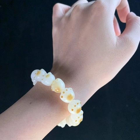 Carved White Jade Bodhi Seed Beaded Bracelet Cat Paw Shaped Beads Ethnic Style Cute Hand String Jewelry