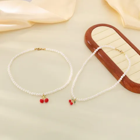 Collana Künstliche Perle Artificiali Pendente Ciliegia Rossa Donna Moda Acciaio Inossidabile Resina Strass Gioiello Dolce