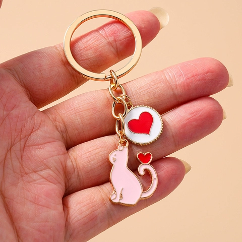 Cartoon Cat Heart Keychain Zinc Alloy Gold Plated Enamel Animal Bag Charm Pendant For Women Girls Gift Valentine Day