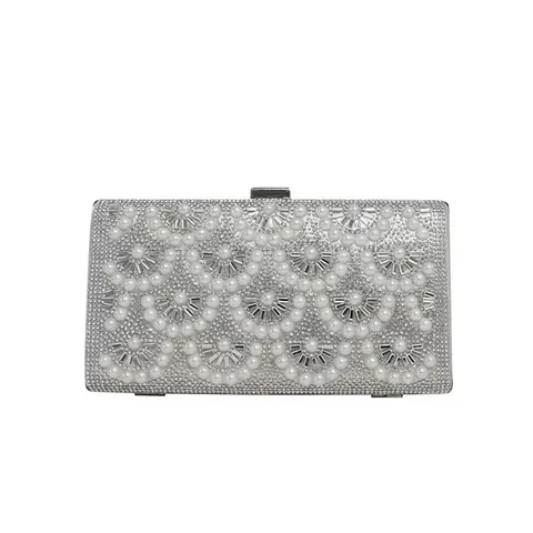 Bolso De Noche De Diamantes De Imitación Perla Artificial Patrón Abanico Clutch Rígido De Lujo Bolso De Fiesta Con Cadena De Metal