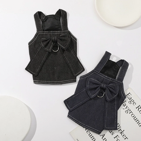 Pet Denim Dress Harness With Large Bow Contrast Stitching Metal D Ring Strap Apparel For Small Medium Dogs Cats