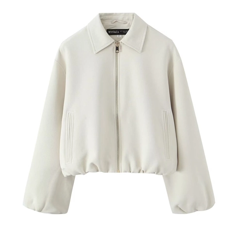 Veste Courte À Revers Et Fermeture Éclair Pour Femmes Puffy Manches Longues Décontractée Bomber Mode