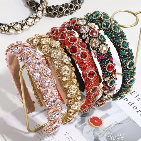 Luxury Rhinestone Padded Headband For Women Baroque Artificial Gemstone Sparkly High Crown Hairband Vintage Elegant