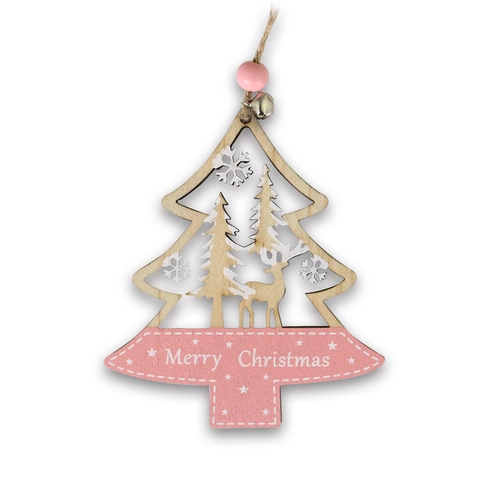 Weihnachts-Holzhänger Ausgehöhlt Rentier Weihnachtsmann Baum Anhänger Mit Metallglocke Rosa Naturholz Farbe Dekor