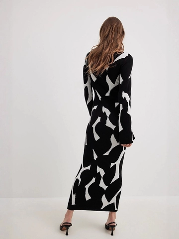 Dames Gebreide Maxi Jurk Met Col Zwart Wit Abstract Geometrisch Print Lange Mouwen Nauwsluitend Elegant