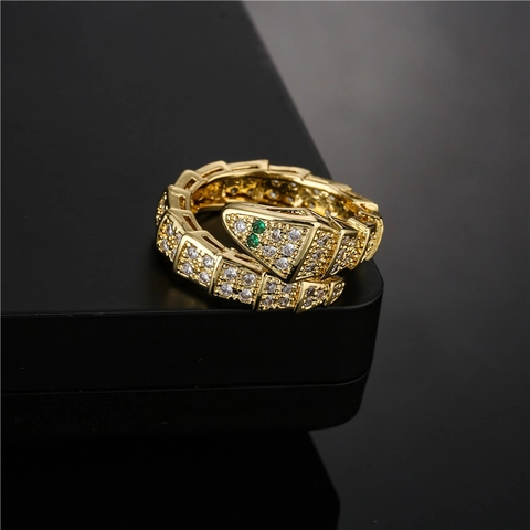 Vintage Snake Ring 18K Gold Plated Copper Green Zircon Eye Micro Pave Jewelry Adjustable Open Band For Women