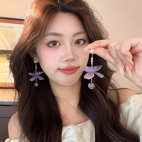 Resin Flower Tassel Dangle Earrings With Silver Earring Post Zircon Imitated Artificial Pearl Sweet Summer Jewelry For Women