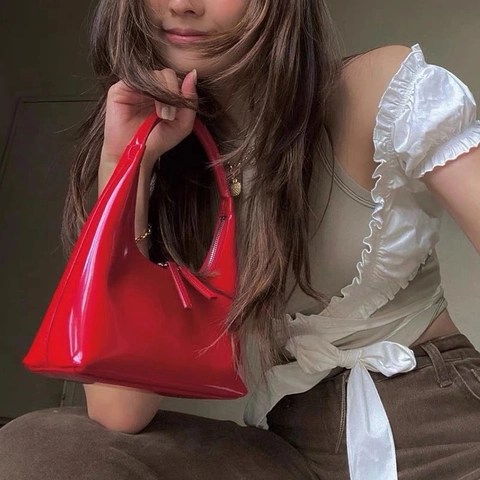 Sac Hobo Vintage En Cuir Verni Brillant Forme Croissant Sac À Épaule Sous Le Bras Pour Femmes Accessoires De Mode