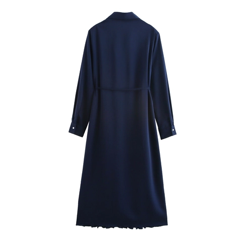 Women Elegant Long Sleeve Pleated Maxi Dress Satin French Style Shirt Collar Belted Solid Color Navy Blue