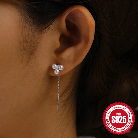 925 Sterling Silver Long Tassel Ear Line Earrings With Zirconia Artificial Pearl Minimalist Geometric Jewelry For Women