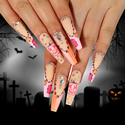 Halloween Press On Nails Long Coffin Fake Nails Rhinestone Pumpkin Design Pink Gradient Decorative False Nails For Women