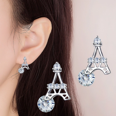 Creatieve Eiffeltoren Oorknopjes Koper Wit Strass Ingelegd Mode Architecturale Sieraden Voor Vrouwen Dagelijks Cadeau