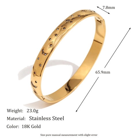 Brazalete De Acero Inoxidable Chapado En Oro 18K Estrella Luna Mal De Ojo Octagrama Circón Blanco Joyería Celestial