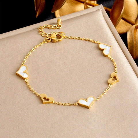 Pulsera De Corazón De Acero Inoxidable Chapado En Oro Nácar Blanco Concha Cadena Hueca Joyería Para Mujer Moda Elegante