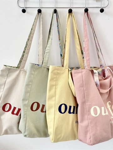 Sac Cabas En Toile Pour Femmes Double Face Imprimé Floral Et Lettres Grande Capacité Sac À Épaule Esthétique Décontracté