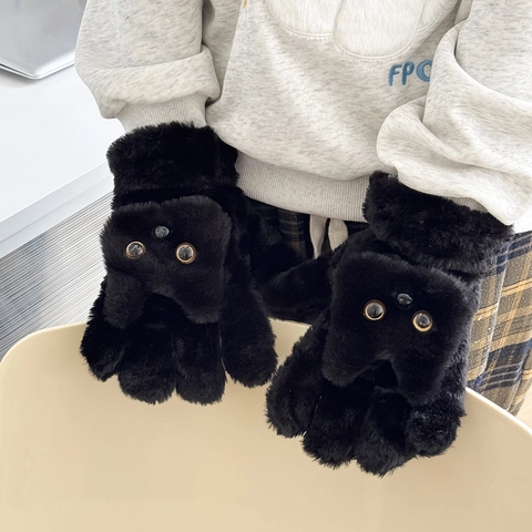 Guanti Di Peluche Gatto Nero Inverno Caldo Antivento Pelliccia Sintetica Design Animale Cartone Animato Corda Appesa Spessi