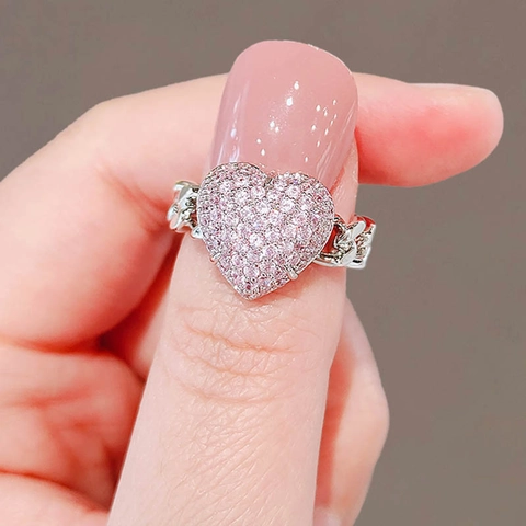 Cute Pink Rhinestone Heart Adjustable Ring For Women Copper Sweet Niche Design Chain Band Finger Ring Fashion Jewelry
