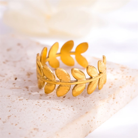 Anello Aperto Foglia Di Salice Acciaio Inossidabile Placcato Oro 18K Gioielli Minimalisti Regolabili Donna