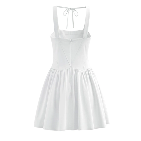 Witte Mini Jurk Vierkante Hals Open Rug Met Strik Geplooid Hoge Taille Mouwloos Zomer Voor Vrouwen Sexy Zoet