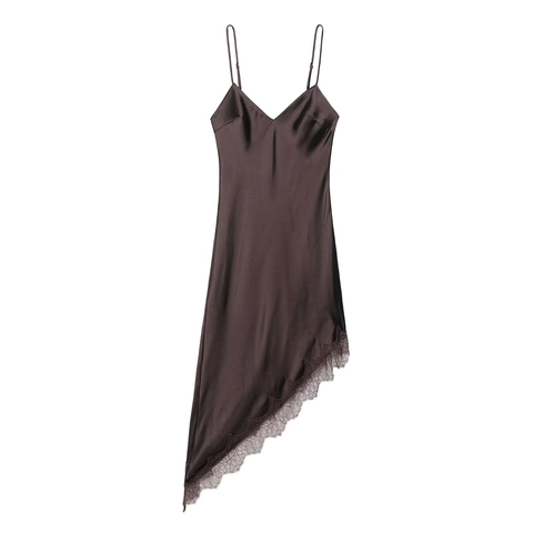Satin Camisole Kleid Spitze Patchwork V-Ausschnitt Asymmetrischer Saum Kaffeebraun Ärmellos Elegant Slip Kleider Damen