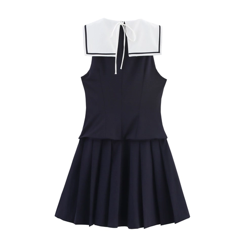 Sailor Collar Pleated Mini Dress Polyester Sleeveless High Waist Preppy Japanese School Style Contrast Color Women