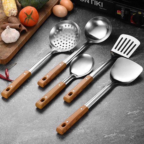 Utensilios De Cocina De Acero Inoxidable Con Mango De Veta De Madera Espátula Espumadera Cucharón De Sopa Pulido Espejo