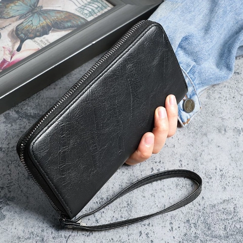 Portefeuille Long Homme À Fermeture Éclair En Cuir PU Pochette Business Avec Dragonne Emplacements Cartes Poche Téléphone Style Vintage