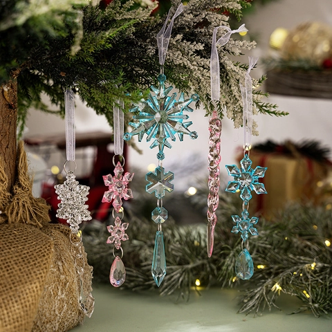 Decorazioni Natalizie a Fiocco di Neve e Ghiacciolo in Acrilico Ciondoli per Albero di Natale Trasparenti Colorati per Decorazione Festa