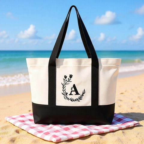 Large Canvas Tote Bag Women Floral Initial Letter Print Contrast Color Shoulder Handbag Shopping Beach Zipper Closure