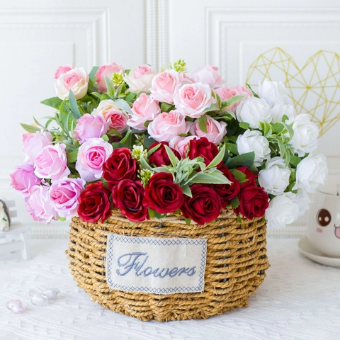 Artificial Rose Flowers Satin Bouquet Realistic Floral For Home Wedding Hotel Table Decor Romantic Arrangement