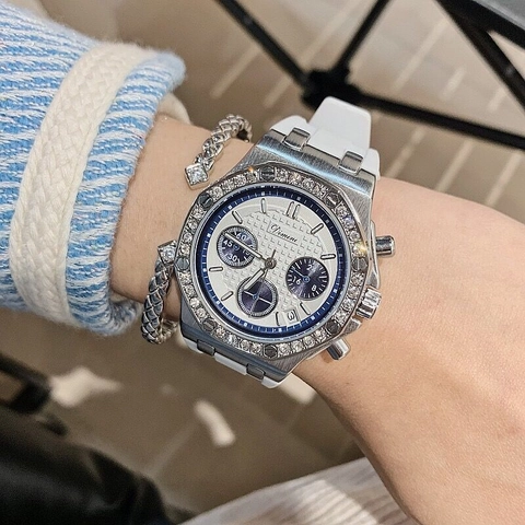Dimini Women's Luxury Quartz Watch Octagonal Rhinestone Bezel Multi-Function Style Rubber Strap Fashion Ladies Wristwatch 30M Waterproof