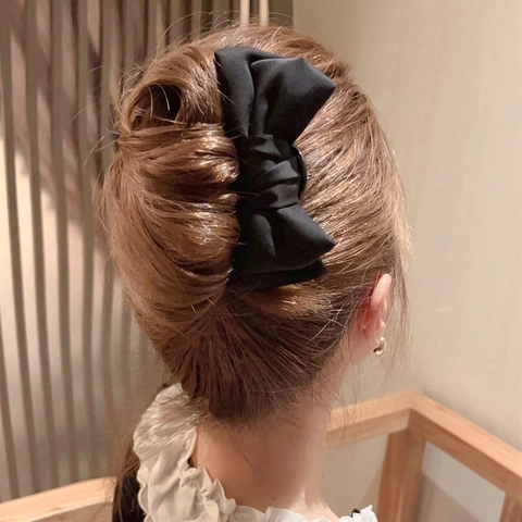 Large Black Satin Bow Hair Stick U Shaped Double Prong Alloy Hair Fork Retro Elegant Hair Jewelry For Women