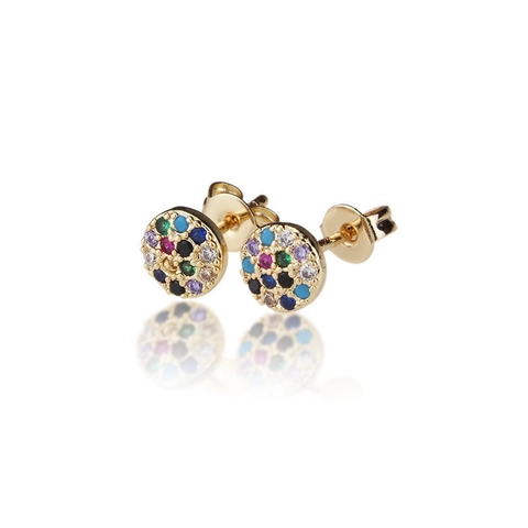 Round Stud Earrings Gold Plated Copper With 925 Sterling Silver Earring Post Colorful Cubic Zirconia Micro Pave Trendy Jewelry
