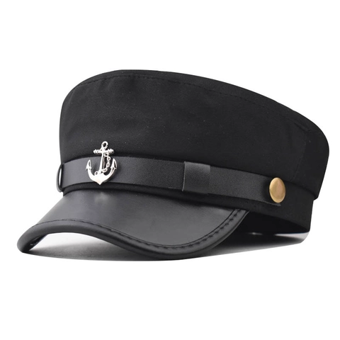 Cappello da Marinaio Donna Berretto Capitano Con Distintivo Ancora in Metallo Tesa in Ecopelle Cotone Lino Militare per Primavera Autunno