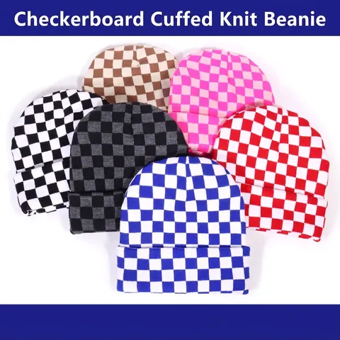 Checkerboard Strickmütze Beanie Acryl Mit Umschlag Winter Warm Streetwear Stil Minimalistisch Unisex
