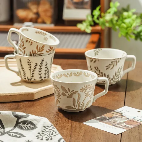 Ceramic Mug Hand Painted Plant Leaf Pattern Stoneware Retro Coffee Cup With Handle Nordic Style Home Kitchen