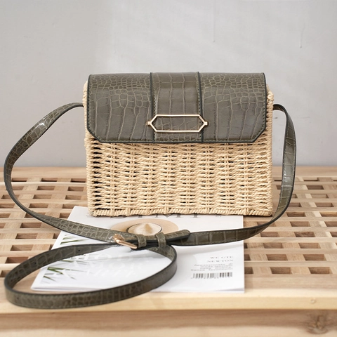 Bolso De Hombro Vintage De Paja Tejida Mujeres Cuero PU Patrón Cocodrilo Cuadrado Bolso Bandolera Retro