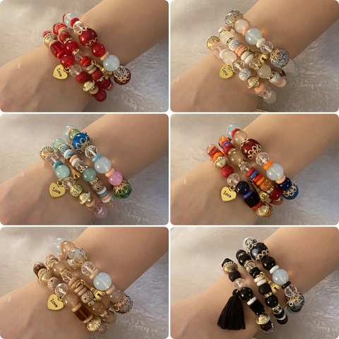 Multilayer Beaded Bracelets Fashion Acrylic Alloy Heart Eiffel Tower Love Charm Bohemian Jewelry For Women Girls