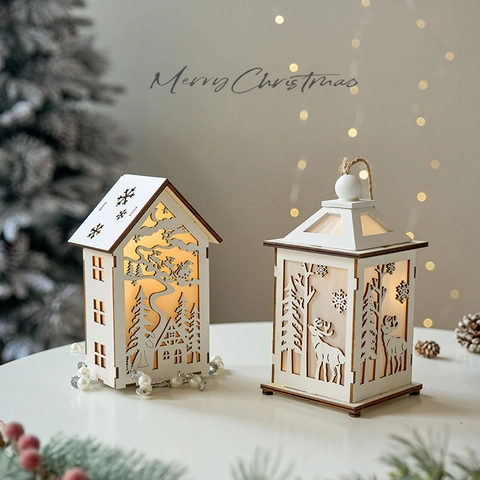 Kerst Houten LED Licht Ornament Rendier Sneeuwvlok Holle Hut Lantaarn Decoratieve Nachtlamp Voor Vakantie Huis Tafel Decoratie