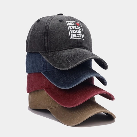Washed Cotton Baseball Cap Mr Steal Your Heart Buchstaben Herz Druck Retro Verstellbarer Sonnenhut Für Herren Damen