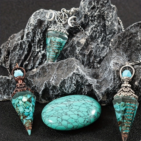 Natural Turquoise Crystal Crushed Stone Pendulum Necklace Resin Hexagonal Cone Pendant Wicca Pentagram Moon Reiki Healing