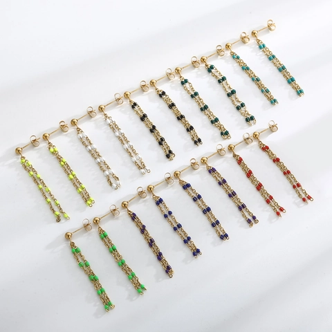 Lange Quasten Ohrringe Doppel Kette Edelstahl Bunte Perlen Hängen Minimalistischer Modeschmuck Für Frauen