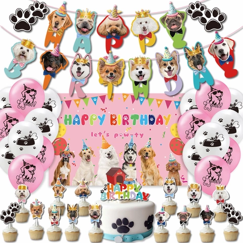 Hundegeburtstag Dekorationen Latexballons Pappbanner Stoffhintergrund Pfotenabdruckmuster Welpenillustrationen Festliche